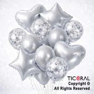 SET DE GLOBOS METALIZADOS ESTRELLA CORAZON CONFETI Y LATEX PLATA x 14 UNIDADES